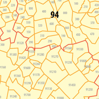 Postcodekaart van de regio &Icirc;le-de-France