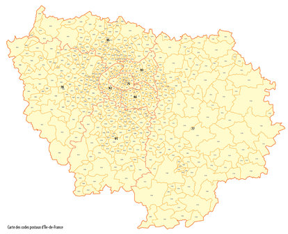 Postcodekaart van de regio &Icirc;le-de-France