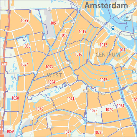 Wandkaart met postcodegebieden van de gemeente Amsterdam (4-cijferig)