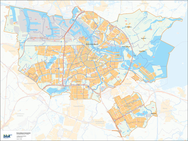 Wandkaart met postcodegebieden van de gemeente Amsterdam (4-cijferig)